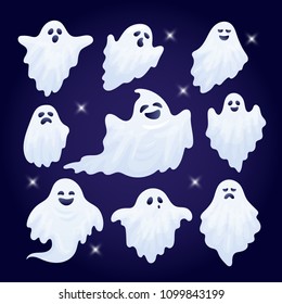 Vector illustration, set of funny Halloween ghost characters. Halloween night decoration.