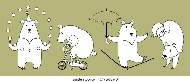 vector illustration set of funny kawaii cartoon circus bears - riding a bike, juggling and tightrope walking. For children's clothes print and birthday celebration party.At beige backround