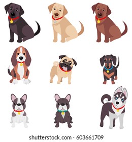 Vector illustration, set of funny purebred dogs, on a white background. Different type of cartoon dogs. 