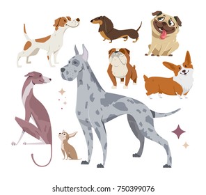 Vector illustration, set of funny purebred dogs, on a white background. Cartoon animals. The dogs are the symbol of 2018.