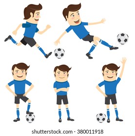 Vector illustration Set of  Funny soccer football player wearing blue t-shirt running, standing and kicking a ball and smiling