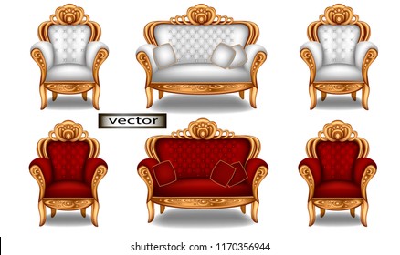 Vector illustration of a set of furniture sofa and chair in Baroque style, small throne with red and white covering for the living room of the Palace.