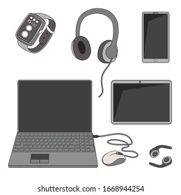 The vector illustration. Set of gadget images. Isolated elements on white background. The mobile phone, smart watch, tablet, headphones, laptop,  computer mouse.