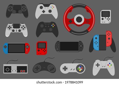 Vector illustration of a set of gamepad, game joystick, video controller, video game gadgets.