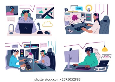 Vector illustration set of gamers streaming, communicating, and playing online games. Modern gaming setups with headsets, screens, and microphones, flat cartoon characters with computers and laptops