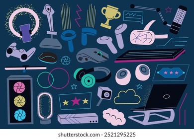 Vector illustration set of gaming equipment and accessories, collection of controllers, headphones, microphones, VR gear, and gaming peripherals. Flat cartoon style, ideal for tech and gaming themes