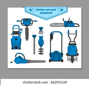 Vector illustration, set of garden and park equipment: lawn mower, brush cutter, high pressure washer, chainsaw, motor drill, cultivator, blower