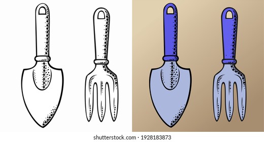 Vector illustration, set with garden tools in black and white and color with texture