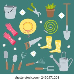 Vector illustration set with garden tools as bucket, shovel, pot with plant, watering hose, can, straw hat, gloves, boots, rake, trimmer and daisies.
