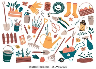 Conjunto de Ilustración vectorial de herramientas y Elementos de jardín en estilo plano, de dibujos animados. Palas, guantes, regar garabatos de lata, colección de iconos de plantas. Jardinería, agricultura y vida ecológica