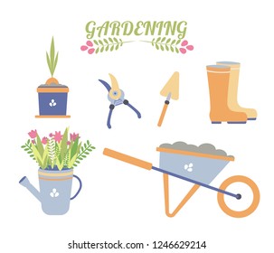 Vector illustration set with gardening tools and elements on white background