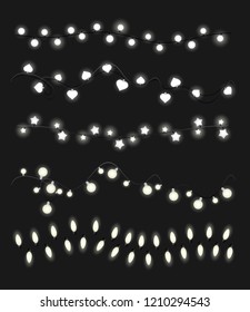 Vector illustration set of garlands, Christmas lights collection isolated on black background. Garlands different types and shapes for decoration.