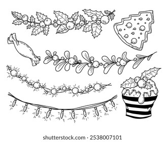 Vector illustration set of garlands glowing for Christmas in doodle hand drawn style.