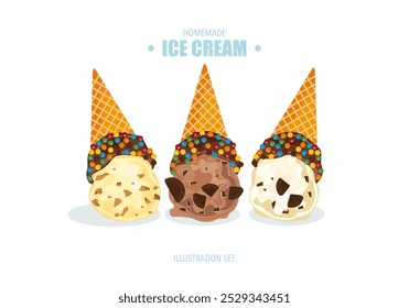 Vector illustration set of gelato ice cream Colorful waffle cones, chocolate wafers, vanilla, chocolate chip cookies, various flavors and toppings, bakery, dessert, ice cream isolated illustration.