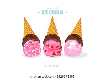 Vector illustration set of gelato ice cream Colorful waffle cones with chocolate, vanilla, strawberry, milk, various flavors, and toppings. Bakery, cold dessert. Isolated ice cream illustration.
