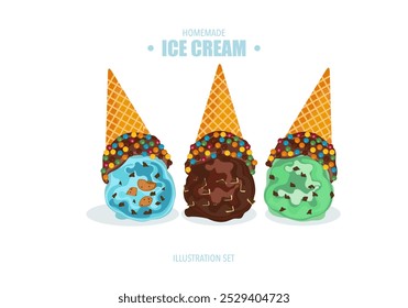 Vector illustration set of gelato ice cream Assorted colors in chocolate waffle cones: Mint chocolate, milk, various flavors and toppings, bakery, cold dessert, and ice cream isolated illustration.
