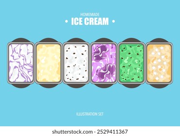 Vector illustration set of gelato ice cream Assorted colors and flavors on a tray: blueberry, vanilla, cookie cream, strawberry, chocolate mint, masmelo Dessert menu, isolated ice cream illustration.
