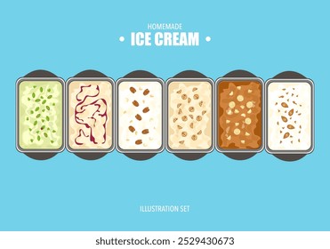 Ilustración vectorial de helado de helado de helado Muchos colores y sabores en la bandeja Bitachios, bayas, nueces, pecanas, macadamia, almendras, vainilla, leche. Menú de postres, ilustración aislada de helado.