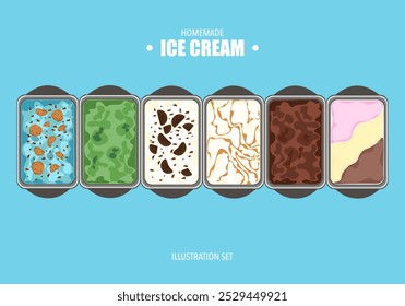 Vector illustration set of gelato ice cream Assorted colors and flavors on a tray: mint cookies, green tea, cookies, cream, Ammon, caramel, choco, strawberry, vanilla. Dessert menu, isolated ice cream