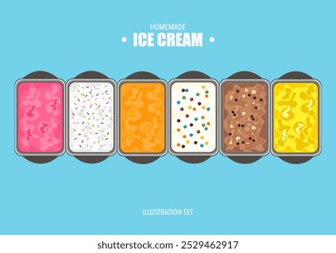 Ilustración vectorial de helado de gelato Colores y sabores surtidos en una bandeja. Frutas mezcladas, leche rosa, leche de galleta, té tailandés, leche de toppy, chips de chocolate, durian. Menú de postres, helado aislado