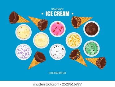 Vector illustration set of gelato ice cream Ice cream set Several balls in a cup. Waffle cones are isolated on the background Top view. Copy space. Assorted frozen yogurt or ice cream balls  Healthy. 