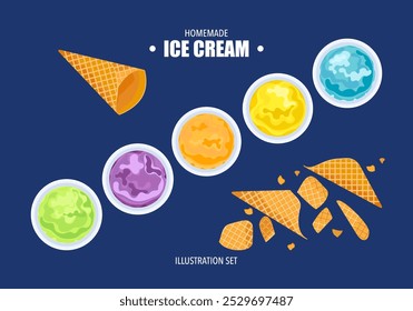 Vector illustration set of gelato ice cream Ice cream set Several balls in a cup. Waffle cones are isolated on the background Top view. Copy space. Assorted frozen yogurt or ice cream balls  Healthy.