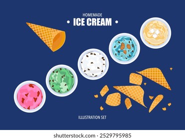 Vector illustration set of gelato ice cream Ice cream set Several balls in a cup. Waffle cones are isolated on the background Top view. Copy space. Assorted frozen yogurt or ice cream balls  Healthy. 