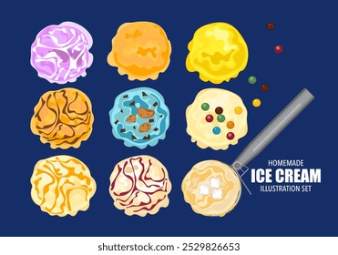 Ilustração vetorial de sorvete de gelato. Sorvete. Várias bolas são isoladas em um fundo azul. Vista superior. Copiar espaço. Sortido congelado iogurte ou sorvete bolas de sobremesas de verão saudáveis.
