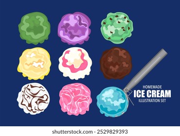 Ilustração vetorial de sorvete de gelato. Sorvete. Várias bolas são isoladas em um fundo azul. Vista superior. Copiar espaço. Sortido congelado iogurte ou sorvete bolas de sobremesas de verão saudáveis.
