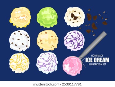 Ilustração vetorial de sorvete de gelato. Sorvete. Várias bolas são isoladas em um fundo azul. Vista superior. Copiar espaço. Sortido congelado iogurte ou sorvete bolas de sobremesas de verão saudáveis.
