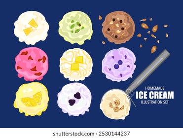 Ilustração vetorial de sorvete de gelato. Sorvete. Várias bolas são isoladas em um fundo azul. Vista superior. Copiar espaço. Sortido congelado iogurte ou sorvete bolas de sobremesas de verão saudáveis.
