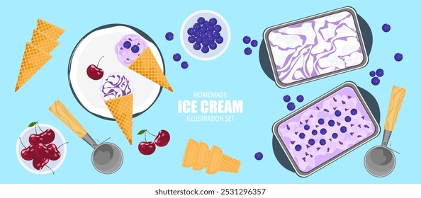 Vector illustration set of gelato ice cream on tray, fruit, blueberry, cherry, vanilla. Ice cream scoop, crispy waffle cone. Bakery. Dessert menu, isolated ice cream illustration. from the background
