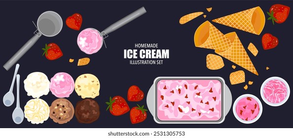 Vector illustration set of gelato ice cream on a tray, fruit, chocolate, vanilla. Ice cream scoop, crispy waffle cone. Bakery. Biscuits. Dessert menu. Illustration of ice cream isolated on the ground.