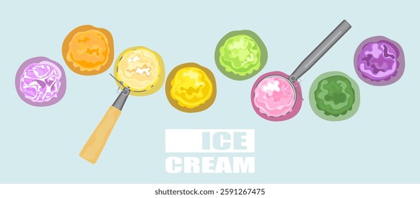 Vector illustration set of gelato ice cream Ice cream set Several balls in a cup. Waffle cones are isolated on the background Top view. Copy space. Assorted frozen yogurt or ice cream balls  Healthy.