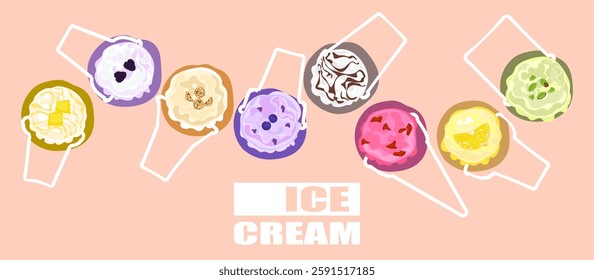 Vector illustration set of gelato ice cream Ice cream set Several balls in a cup. Waffle cones are isolated on the background Top view. Copy space. Assorted frozen yogurt or ice cream balls  Healthy.