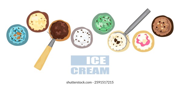 Vector illustration set of gelato ice cream Ice cream set Several balls in a cup. Waffle cones are isolated on the background Top view. Copy space. Assorted frozen yogurt or ice cream balls  Healthy.