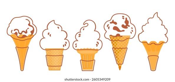 Vector illustration set of gelato ice cream Ice cream set Several balls in a cup. Waffle cones are isolated on the background Top view. Copy space. Assorted frozen yogurt or ice cream balls  Healthy.
