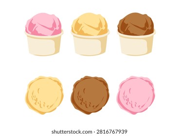 Vector illustration set of gelato ice cream scoops in paper cups and individual scoops. Collection of sweet dessert elements featuring strawberry, vanilla, and chocolate flavors in a clean, soft color palette. Isolated on a white background.