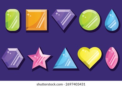 Ilustração vetorial de um conjunto de pedras preciosas de várias formas. Coração, círculo, losango, estrela, triângulo, quadrado, gota.