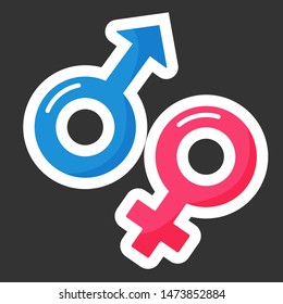 Vector illustration set of gender symbols. Icons of men, women, heterosexuals, transgender, gay and lesbian. Symbols of gay and lesbian in rainbow color. Gender relationships. Stickers with contour