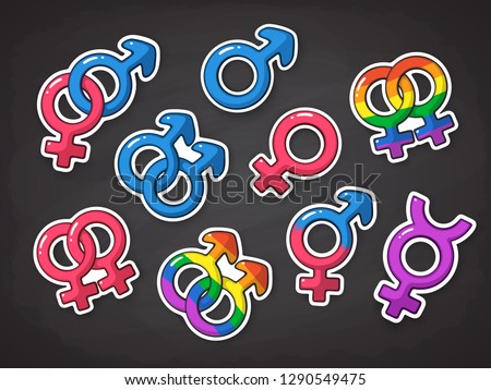 Vector illustration set of gender symbols. Icons of men, women, heterosexuals, transgender, gay and lesbian. Symbols of gay and lesbian in rainbow color. Gender relationships. Stickers with contour