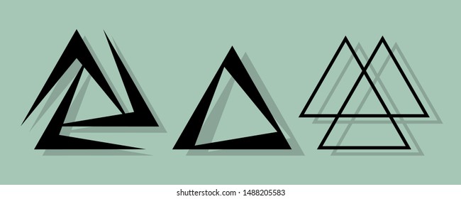 vector illustration set of a geometric esoteric symbols, triangles and valknut at the green background, tattoo design 