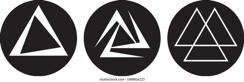 vector illustration set of a geometric esoteric symbols, triangles and valknut in circles at the transparent background, tattoo design 