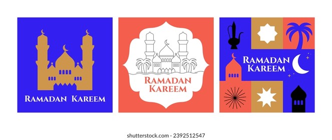 Vector illustration set with geometric icons for Ramadan Kareem holidays. Banner with Islamic symbols