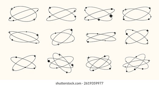 Vector illustration. Set of geometric orbit with dynamic stars, circles, shapes. Design element for poster, book or magazine cover, layout, flyer, post, business or greeting card. Y2K style graphic