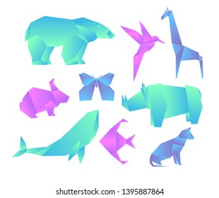 Vector illustration set of geometric paper animals with color gradient, 3d animals, origami style. Origami gradient animals collection isolated on white background.