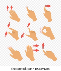 Vector illustration set of gestures icons for touch devices. Pointer arrows and hand, laptop and move. Fingers touch in flat design.
