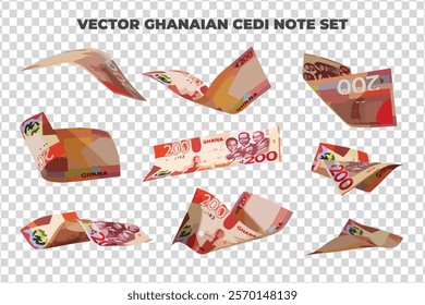 Vector illustration of set of Ghanaian cedi notes flying in different angles and orientations. Currency note design in Scalable eps format