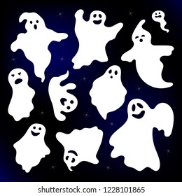 Vector Illustration. Set of Ghost in cartoon style. Spooky icon on sky background with stars