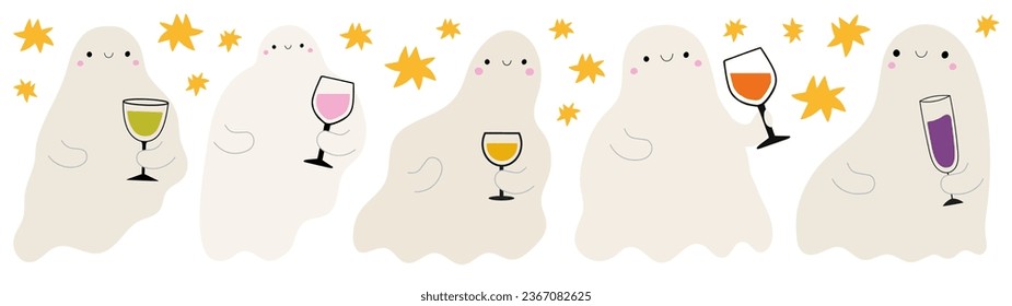 Ilustración vectorial con fantasmas sosteniendo coloridos vasos de bebidas alcohólicas y de vino. Graciosa colección de diseño de impresión de fiesta de Halloween, plantilla de paquete de emoticones, elementos de tarjeta de saludo